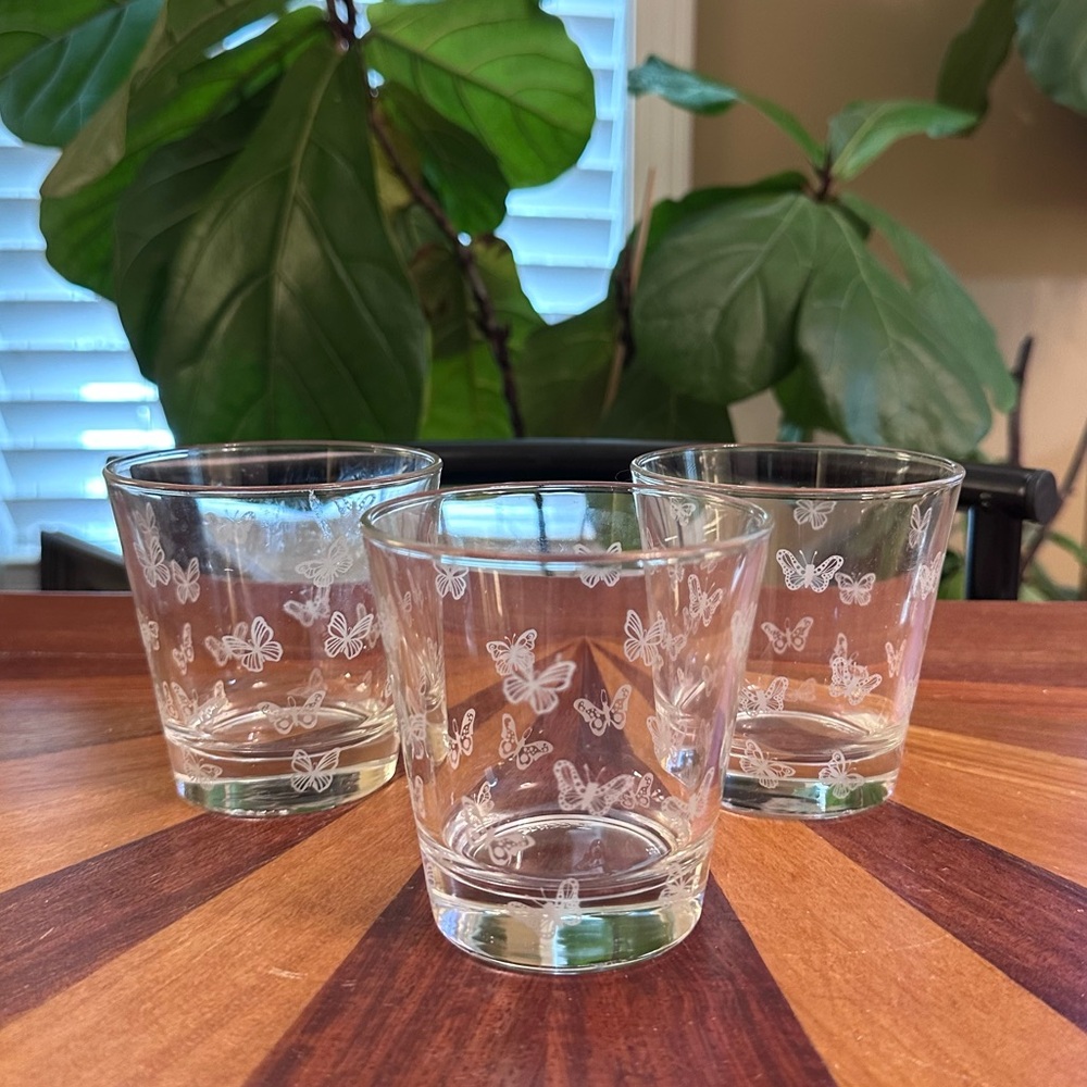 3 Vintage Cerve Italy‎ Lowball Heavy Glasses Butterfly Pattern MCM 3.25”